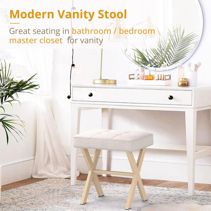Bigleap Square Ottoman Stool - Beige Linen Footrest, Vanity Stool with Metal Legs, Small Space-Saving Seat for Living Room, Bedroom & Entryway