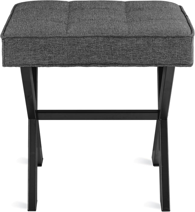 Bigleap Square Ottoman Stool - Gray Linen Footrest, Vanity Stool with Metal Legs, Small Space-Saving Seat for Living Room, Bedroom & Entryway