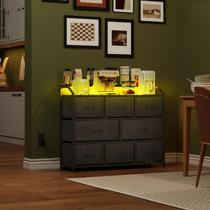Bigleap LED TV Stand 8-Drawer Dresser with Charging Station, Fabric Chest of Drawers for Bedroom, Living Room, Hallway & Entryway, Black