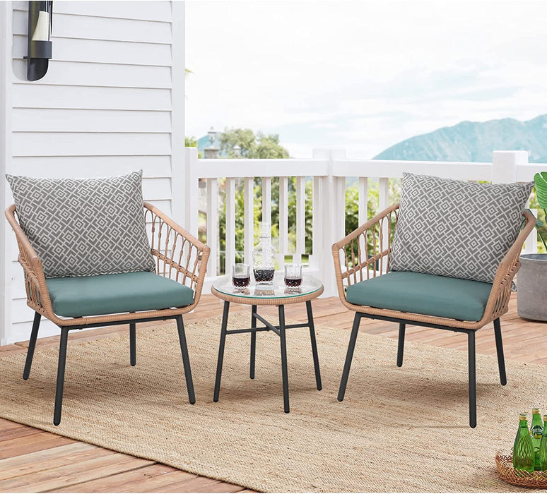 3 Pieces Outdoor Furniture Patio Bistro Set All-Weather Wicker Conversation Set with Tempered Coffee Table, Wicker Chairs, Cushions and 2 Back Pillows for Front Porch Balcony Backyard Deck