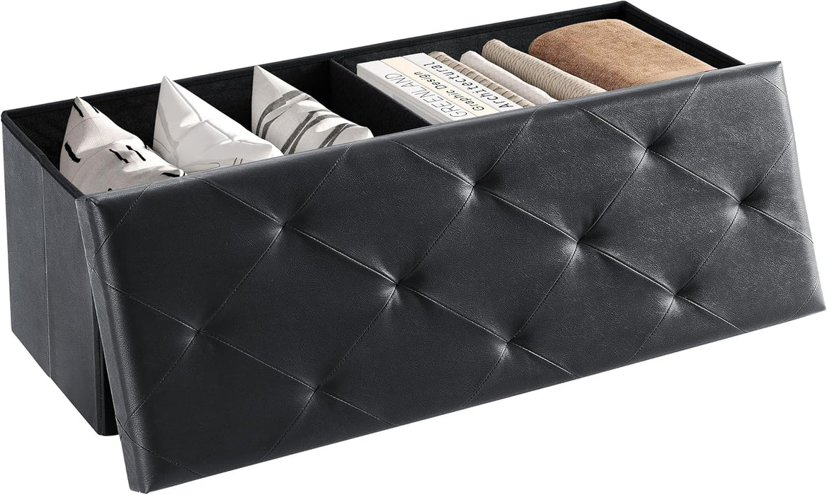 Fabric Simenmax Versatile Ottoman Storage Bench, 43" Wide Folding Footrest Stool, PVC Fabric Chest for Living Room, Bedroom, Entryway,Black