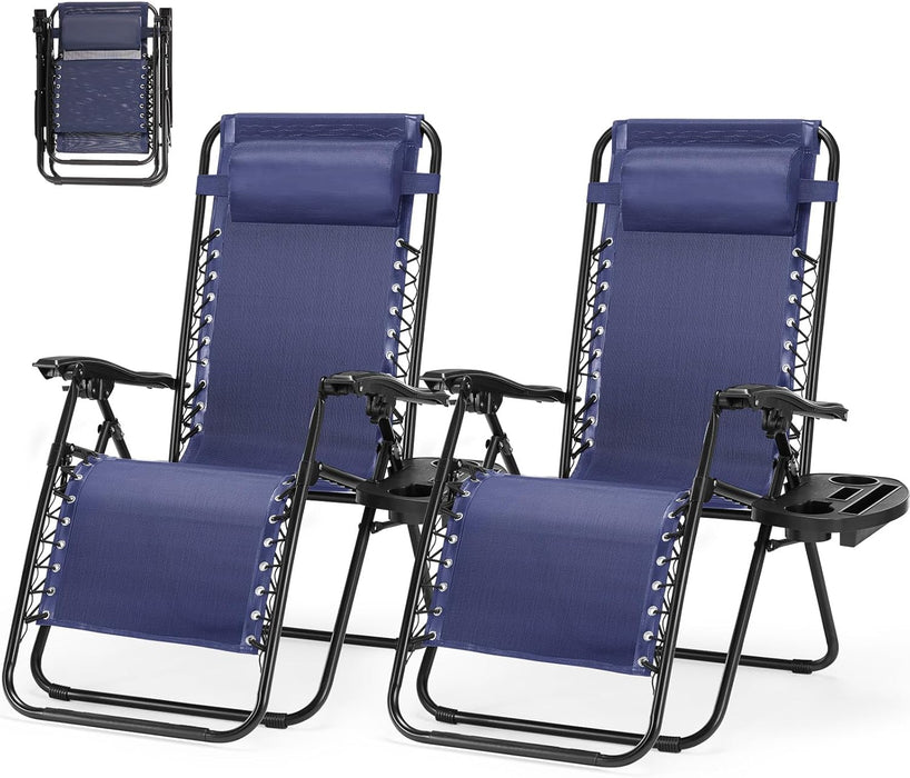 Zero Gravity Chairs, Set of 2 Portable Recliner Beach Camping Patio Outdoor Folding Lounge Chair with Cup Holder Trays and Adjustable Pillow for Poolside, Garden, Backyard, Lawn