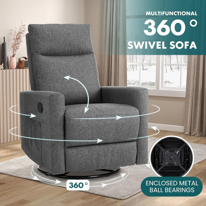 Simenmax Swivel Recliner Chair, Single Sofa with Extra Large Footrest High Back, Upholstered Armchair for Living Room, Bedroom, Grey