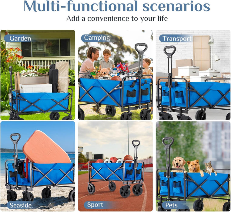 Bigleap 30IN Wagon, Wagons Carts Foldable with All-Terrain Wheels, Portable Shopping Cart Large Capacity Utility Cart with Drink Holders, Heavy Duty Collapsible Wagon,Blue