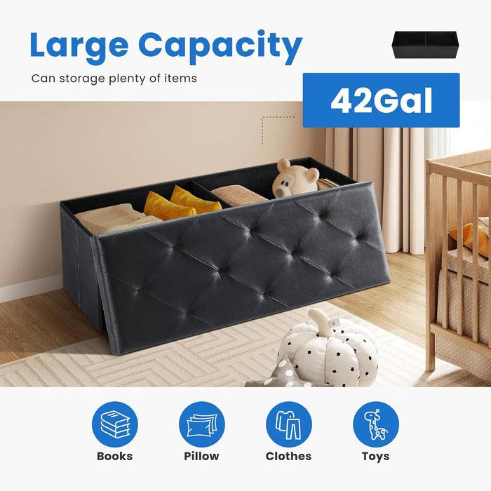 Fabric Simenmax Versatile Ottoman Storage Bench, 43" Wide Folding Footrest Stool, PVC Fabric Chest for Living Room, Bedroom, Entryway,Black