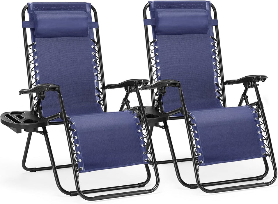 Bigleap Zero Gravity Chairs, Set of 2 Portable Recliner Beach Camping Patio Outdoor Folding Lounge Chair with Cup Holder Trays and Adjustable Pillow for Poolside, Garden, Backyard, Lawn , Blue
