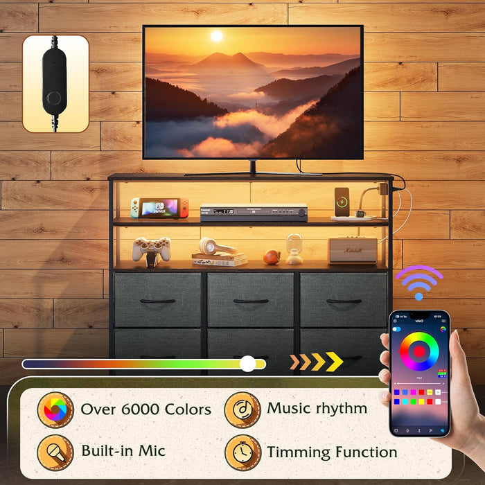 Bigleap TV Stand for 40-45 Inch TVs, 6 Fabric Dresser with RGB LED Lights, Entertainment Center with Charging Station, Gray