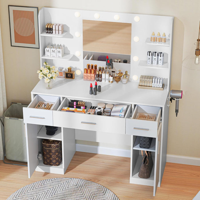 Bigleap Vanity with Mirror and 11 LED Lights, Makeup Vanity Desk with 3 Drawer, 4 Shelves, 1 Cabinet, Dressing Table for Bedroom, White