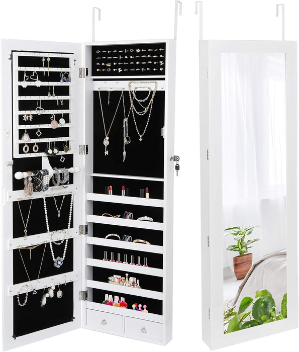 Simenmax 6 LEDs Mirror Jewelry Cabinet, 47.2-Inch Tall Lockable Wall or Door Mounted Jewelry Armoire Organizer with Mirror, 2 Drawers
