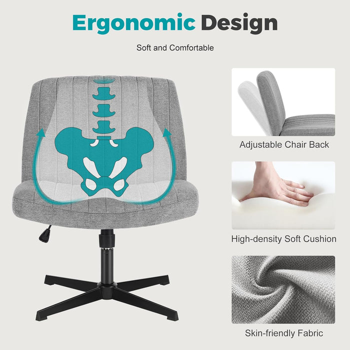 Bigleap Criss Cross Chair, Cross Legged Office Chair, Wide Comfty Desk Chair, No Wheels Armless Computer Task Chair, Swivel Fabric Vanity Home Chair, Height Adjustable