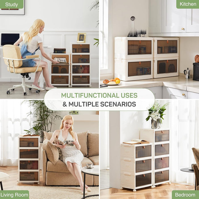 3-Tier Stackable Plastic Storage Bins with Lids, 23QT Foldable with Magnetic Doors and Lockable Wheels, Portable Collapsible Closet Organizer Boxes for Living Room, Bedroom, Dorm, Home Office