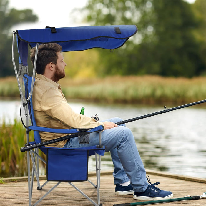 Simenmax Oversized Camping Chair with Sun Canopy - Portable Folding Outdoor Chair with Cup Holders, Side Pocket & Carry Bag, Supports 300 lbs, Navy Blue