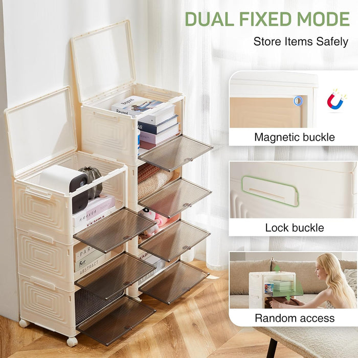 3-Tier Stackable Plastic Storage Bins with Lids, 23QT Foldable with Magnetic Doors and Lockable Wheels, Portable Collapsible Closet Organizer Boxes for Living Room, Bedroom, Dorm, Home Office