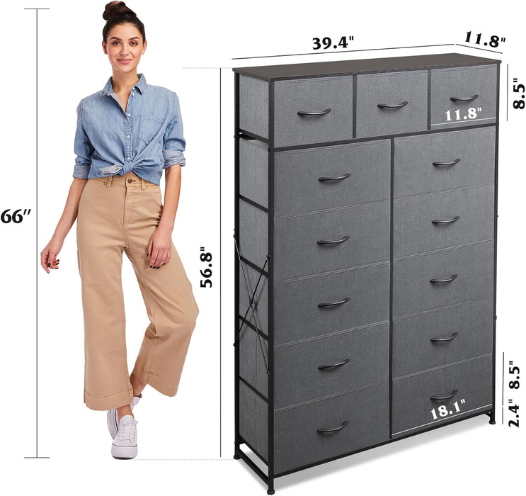 Bigleap 13-Drawer Fabric Dresser with Wood Top & Steel Frame – Sturdy Storage Cabinet for Bedroom, Living Room, Home Office,Gray