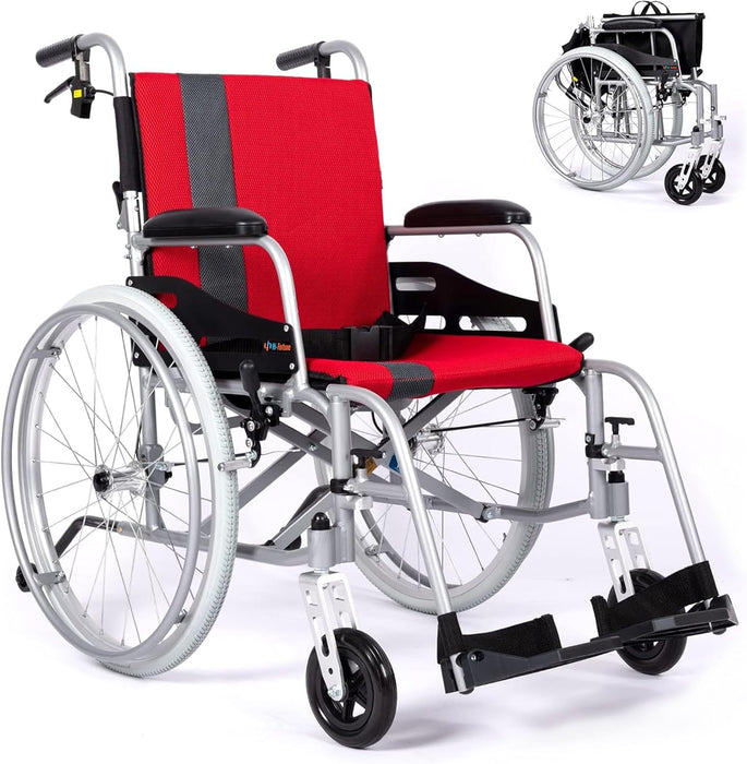 Hi-Fortune Lightweight Wheelchair, 21lbs Self propelled Chair with Travel Bag and Cushion, Portable and Folding, Park & Brake Anti Tipper, Swing Away Footrests, Red