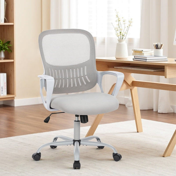 Betcozy Office Desk Chair, Ergonomic Mid-Back Mesh Chair with Wheels, Comfy Lumbar Support with Fixed Arms for Home office, Gaming, Study, Gray