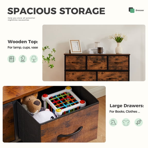 Aidoly Dresser for Bedroom, 7 Storage Drawers, Anti-Tip Wide Fabric Closet Organizer Tower Furniture, Wooden Top with Metal Frame