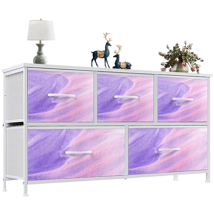 Nextay 5-Drawer Dresser, Wide Fabric Chest of Drawers, Nightstand Storage Tower with Wood Top for Bedroom Living Room,Dazzling Purple