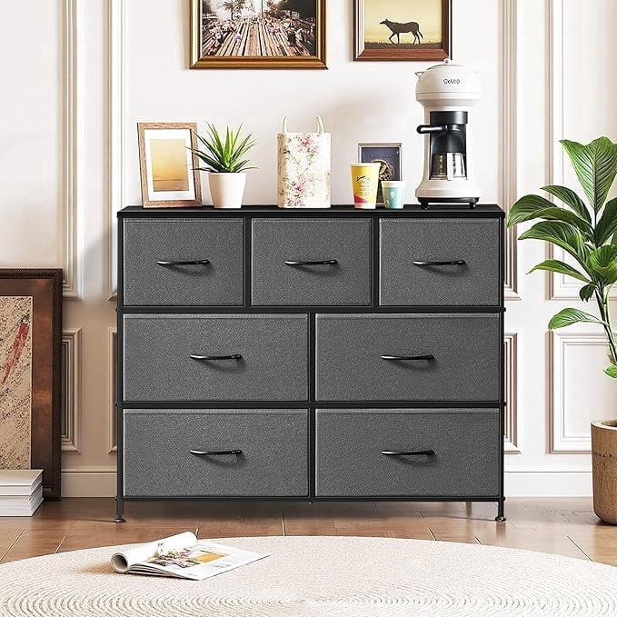 Ethovia 7-Drawer Fabric Storage Dresser, Sturdy Steel Frame with Wooden Tabletop, Wide Foldable Bins, Perfect for Bedroom, Hallway, and Entryway, Gray
