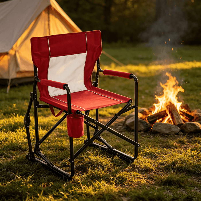 Betcozy Folding Rocking Directors Chair, Heavy-Duty Steel Frame 600D Oxford Fabric Rocking Camping Chair with Cup Holder, Portable Lawn Chair for Patio, Campsite, Beach, Fishing, Red