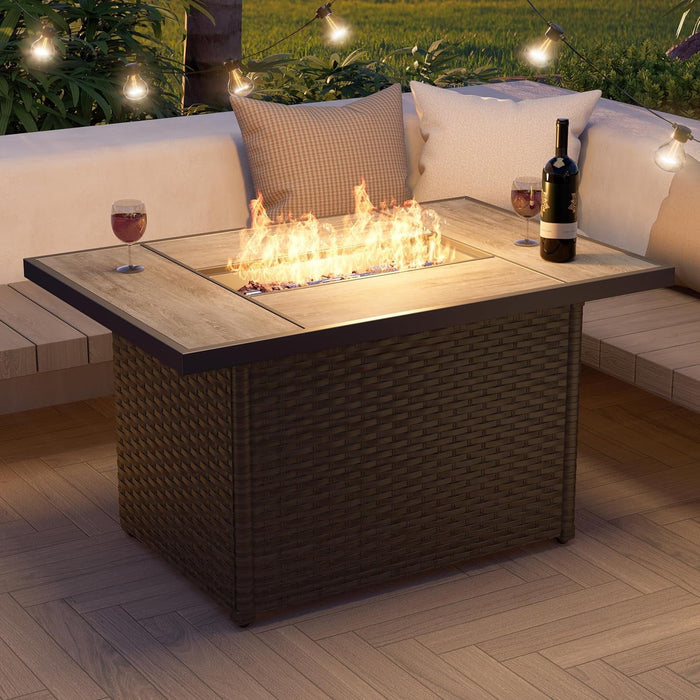 Blorly Outdoor Propane Fire Pit Table with Cover/Lid for Patio, 43 inch 50,000 BTU,Wicker/Rectangle , Lava Rocks for Outside Patio, Garden, Deck, Yard