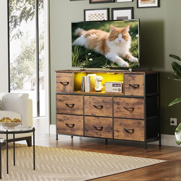 Bigleap LED TV Stand with Charging Station, Music-Sync Light Up Entertainment Center, 8 Fabric Drawer Dresser for Bedroom & Living Room, Brown(Fits 45-55 inch TV)