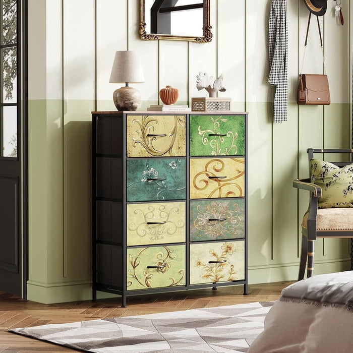 Nextay 8-Drawer Fabric Dresser, Tall Vertical Chest with Floral Design and Wood Top for Bedroom, Hallway, Dorm