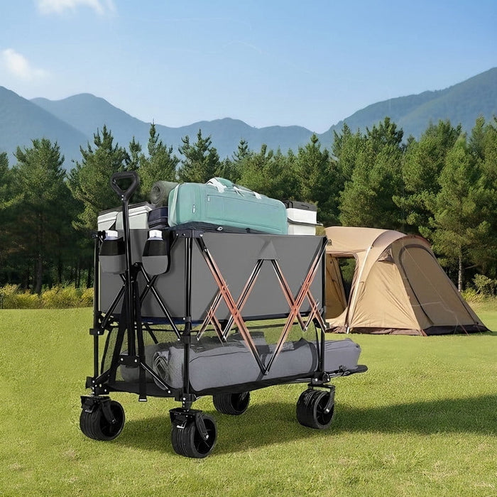 Betcozy Double Decker Folding Wagon, 320L Large 2-Tier Utility Cart with 440lbs Capacity, Collapsible Wagon with Lower Shelf for Fishing & Outdoor Gear, Gray