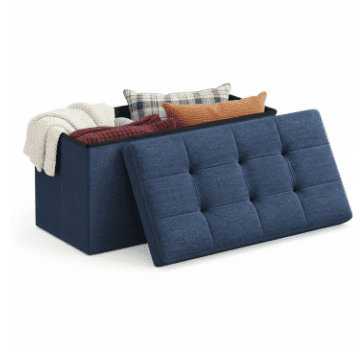 Taoset 30 Inch Foldable Linen Storage Ottoman Bench, 29 Gallon Tufted Upholstered Footstool, Flip Top for Entryway Bedroom Small Room, Blue