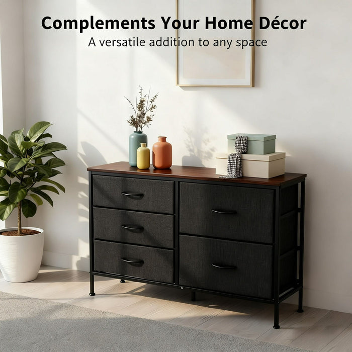 Betcozy Dresser, Storage Organizer with 5 Drawers for Bedroom, Chest of Drawers with Fabric Bins, Sturdy Metal Frame, Wood Tabletop for Guest Room, Closet, Entryway, Nursery, Black
