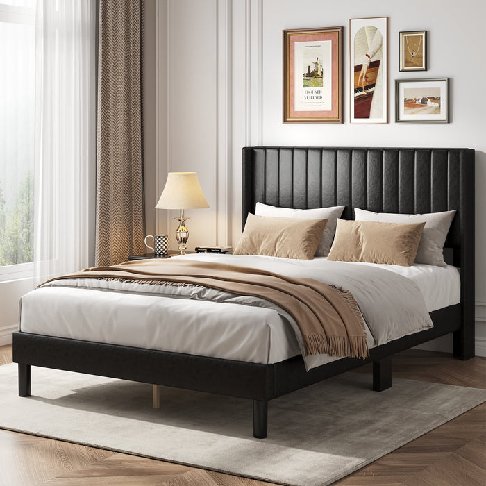 Blorly Upholstered Bed Frame with Wingback Headboard, Heavy Duty Vertical Channel Platform Bedframe, Faux Leather Mattress Foundation, No Box Spring Needed, Full
