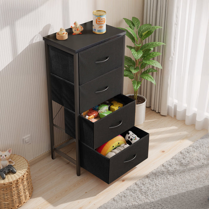 Betcozy 4-Drawer 37.7" Nightstand Storage Dresser, Narrow Closet Organizer Cabinet & Space-Saving Bedroom Dresser, Steel Frame, Wooden Top, Black