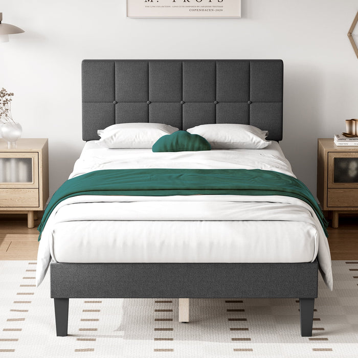 TINKLE WELL Twin Size Bed Frame, Fabric Upholstered Platform Bed Frame with Headboard, and Strong Wooden Slats, No Box Spring Needed, Easy Assembly, Dark Grey