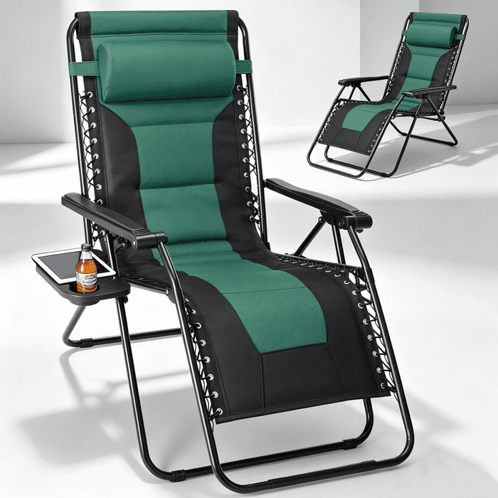 Betcozy Padded Zero Gravity Chair, Heavy Duty 450lbs Capacity Reclining Lounge Chair, Built-in Cushioned Folding Patio Chair with XL Side Tray & Adjustable Pillow for Garden, Backyard, Green