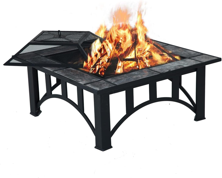 Blorly Steel Fire Pits for Outside Wood Burning Fire, 33" Square Marble Tile Firepits Includes Fire Poker and Mesh Lid, for Garden,Backyard,Camping