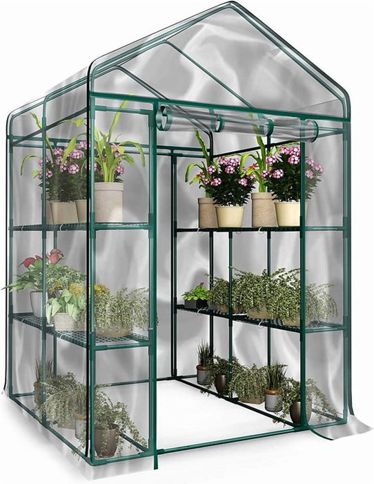Simenmax 56'' Walk-In Greenhouse, Garden House with Roll-Up Door & Sturdy Shelves, Season Extension for Herbs, Vegetables, Seedlings,Clear