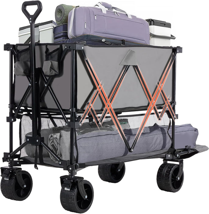 Taoset Double Decker Camping Wagon, 440lbs Heavy Duty 2 Tier Utility Cart with 320L Capacity, Collapsible Wagon with All-Terrain Wheels & Brakes for Camping, Beach, Fishing, Grocery, Gray