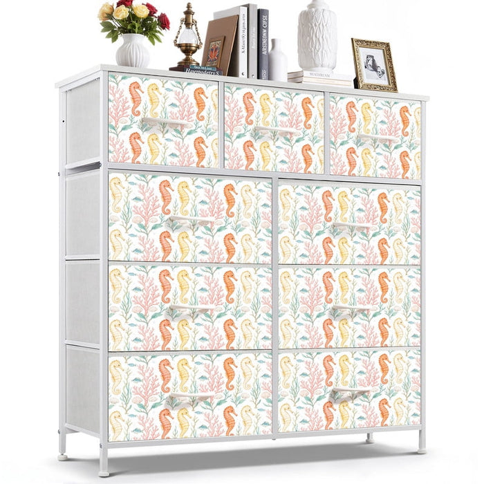 Taoset Beach House Kids Storage Dresser - 9 Drawer Coastal Fabric Chest, Nautical Seahorse & Coral Print Organizer Unit for Nursery Bedroom