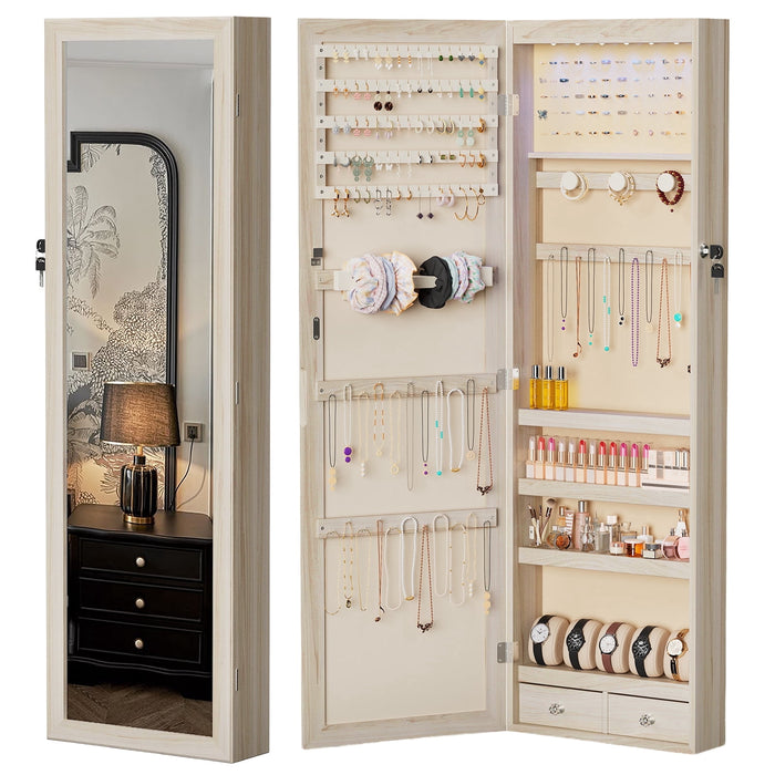 Blorly Jewelry Armoire with 6 LEDs Mirror, Mirror with Storage, Lockable Jewelry Storage for Wall or Door Mounted, khaki