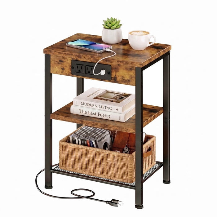 Taoset 3-Tier Smart Side Table with Power Outlet and USB Ports, Charging Nightstand with Mesh Shelf for Bedroom, Living Room, Dorm, and Small Spaces, Rustic Brown