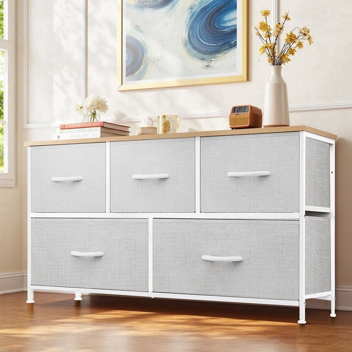 Ethovia 5-Drawer Fabric Storage Dresser, Sturdy Steel Frame with Wooden Tabletop, Wide Foldable Bins, Perfect for Bedroom, Hallway, and Entryway, Light Gray