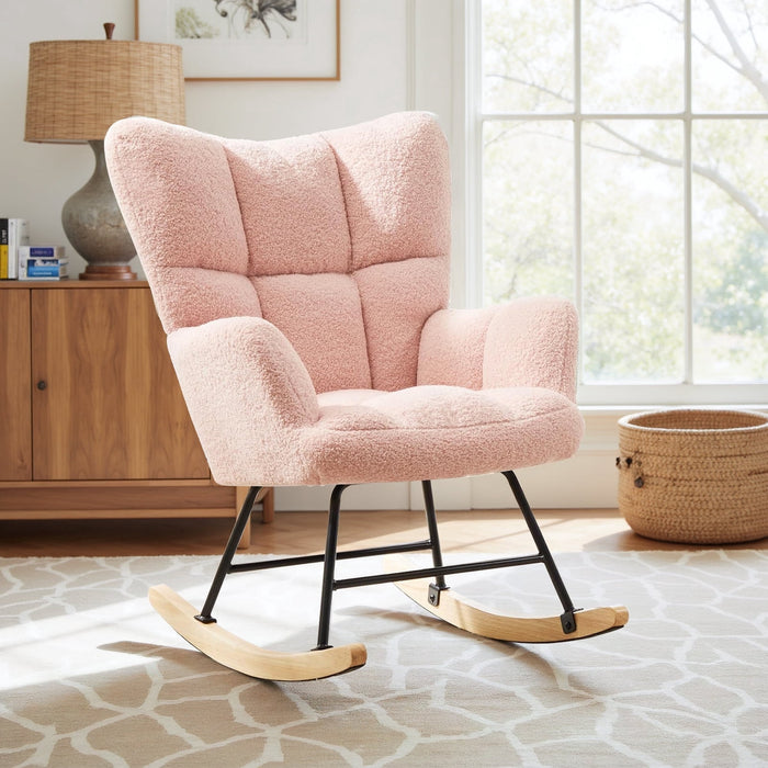Taoset Rocking Chair, Indoors Glider Accent Armchair with High Backrest for Nursery, Bedroom, Teddy Fabric with Solid Wood Legs, Pink