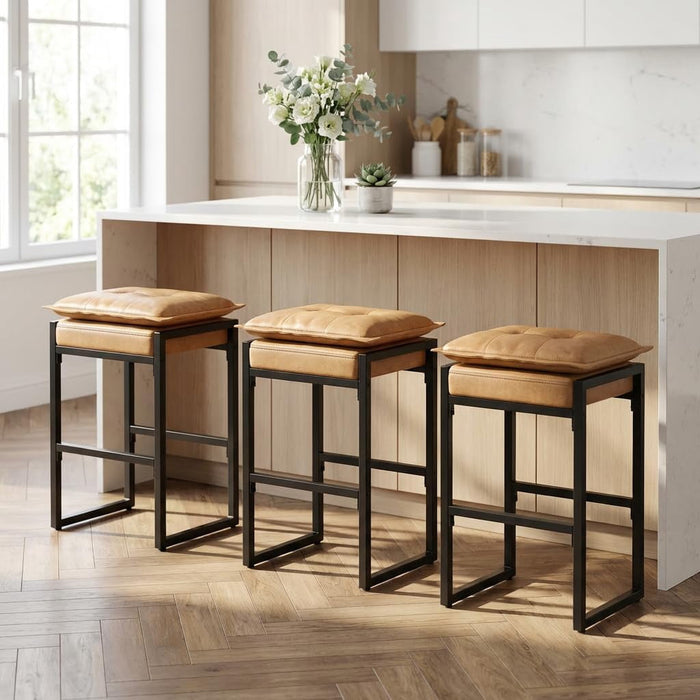 Blorly Set of 3 Bar Stools with Double Cushion, Modern PU Leather Counter Height Chairs, Metal Base & Footrest for Kitchen Island, Dining Room, Bar, Supports 396 lbs, Brown