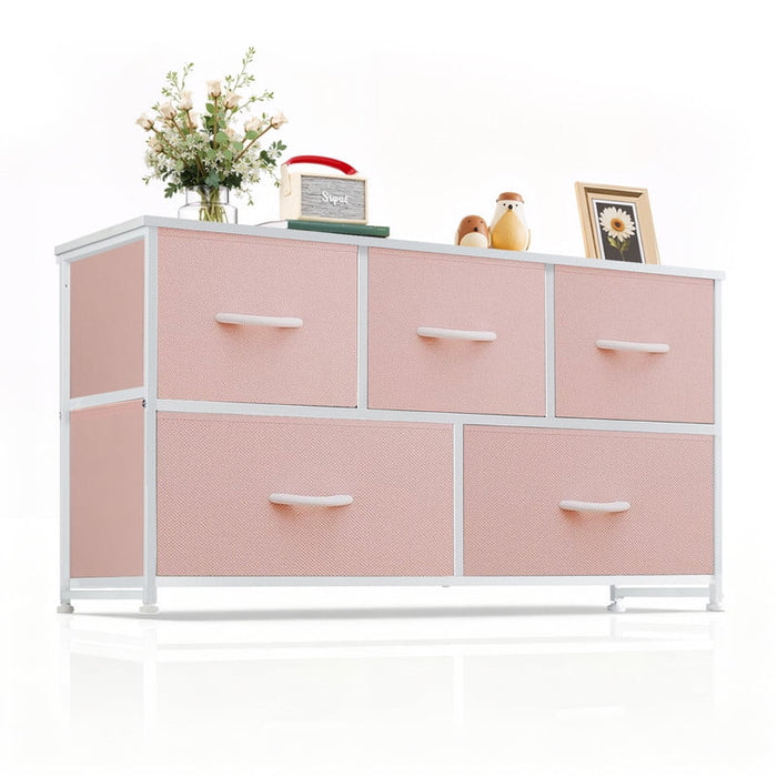 Simenmax 5 Dresser for Bedroom, 5 Storage Drawers, Wide Fabric Closet Chests Organizer Tower Furniture with Wooden Top Metal Frame for Clothes, Room, Living Room, Hallway, Entryway, Pink
