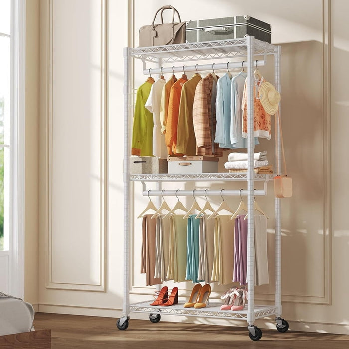 Bigleap 45" Rolling Garment Rack with Wheels, 360° Lockable Clothing Rack, Double Rods & Side Hooks, Adjustable Freestanding Clothes Organizer for Bedroom, Laundry, Retail,White