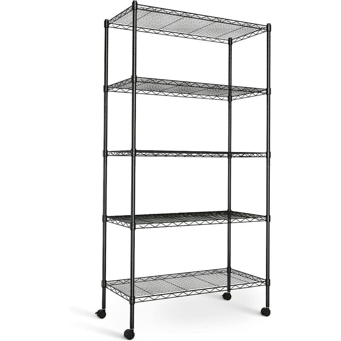 5-Tier Metal Shelving Unit with Wheels, Adjustable Wire Shelves, Rolling Storage Rack for Kitchen, Garage, Office and More, Black