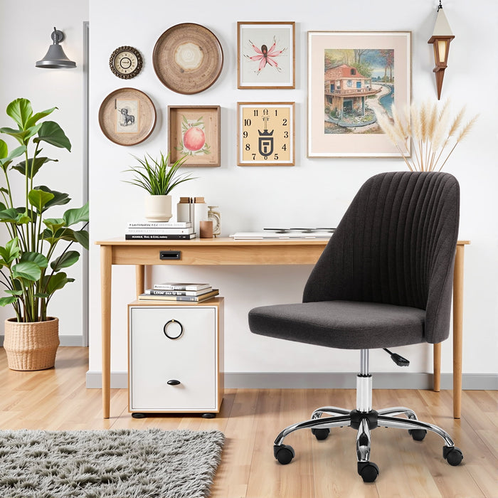 Blorly Colorful Linen Desk Chair, Comfy Thick Seat with Swivel Wheels, Armless Task Chair, Dark Gray