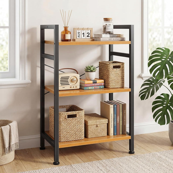 Blorly Bookshelf, 3 Tier Industrial Storage Shelf, Compact Metal & Wooden Bookcase for Small Spaces, Bedroom, Easy Assembly, Wood