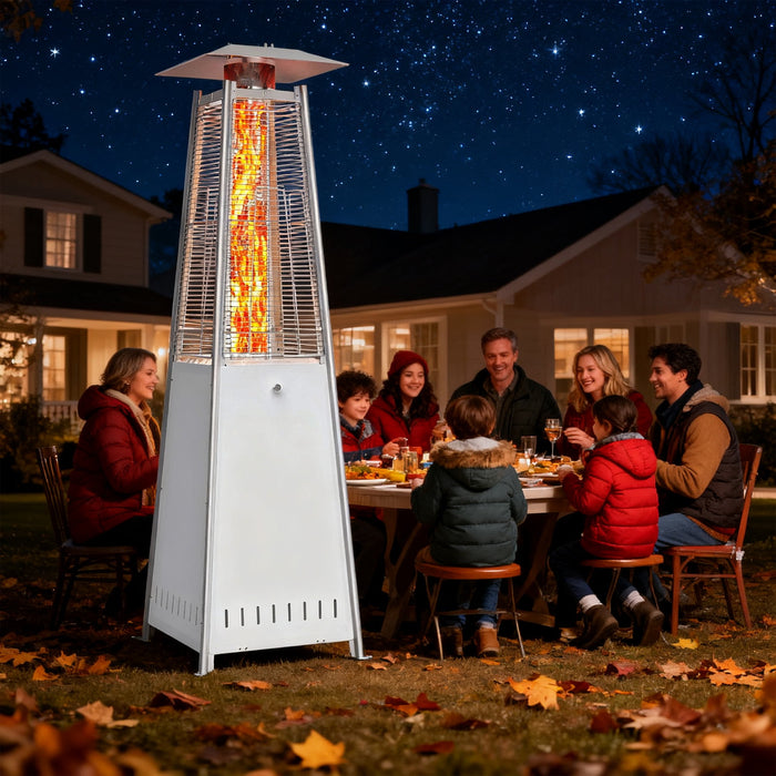 Betcozy Pyramid Patio Heater, 42000 BTU Outdoor Patio Heater, 7.5 feet LED Standing Heater with Cover and Wheels, Silver