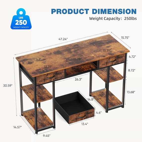 Small Desk with Drawers, Modern Study Writing Table Computer Desks with Storage Bag & Hook for Bedroom Home Office